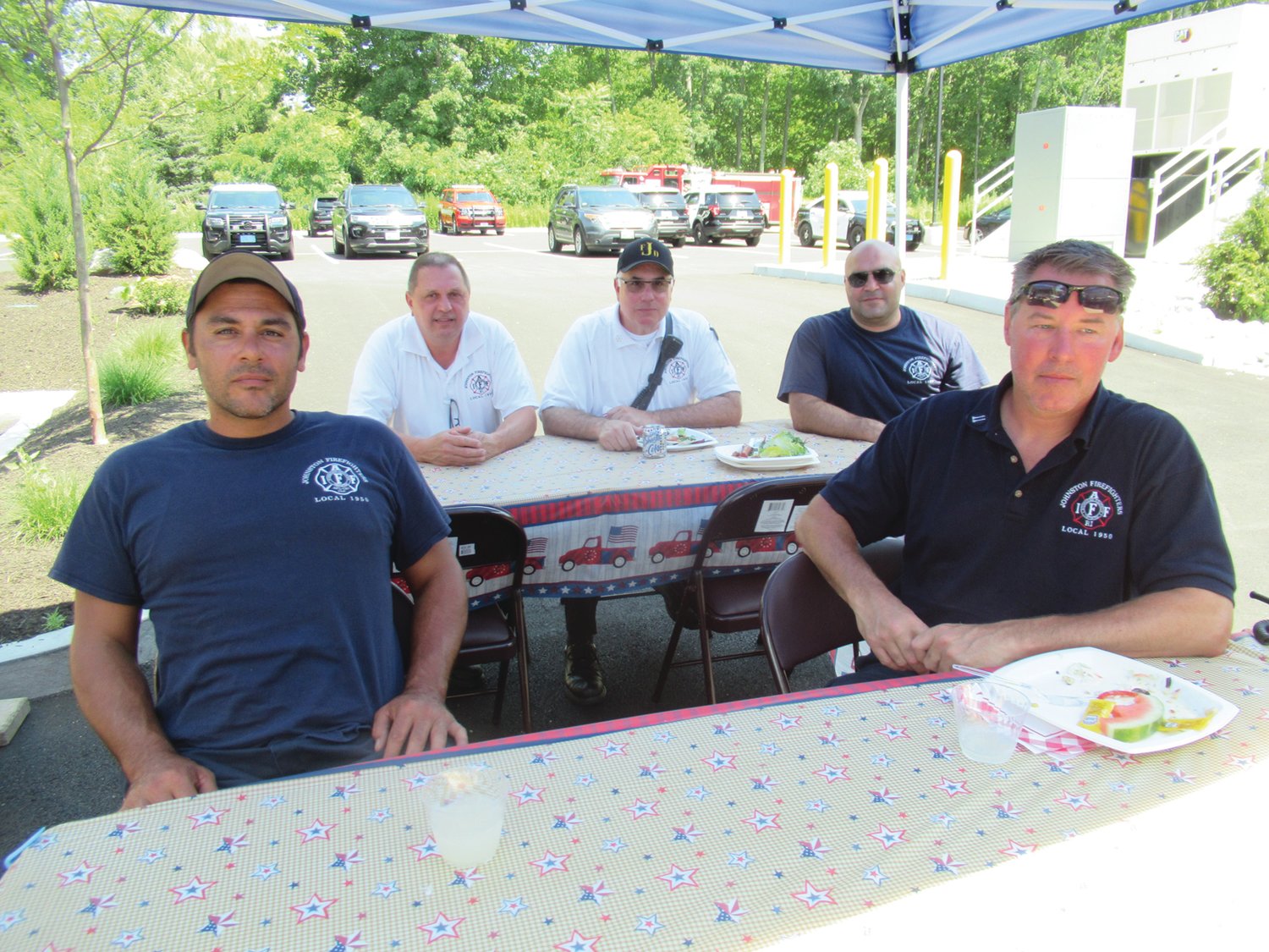 CHIEF’S CREW: JFD Battalion Chief Tom Marcello and firefighters Anthony Rainone, John Robinson, Derek Souza and Bob Marshall were among the many guests that attend Monday’s First Responders Luncheon at The Preserve in Johnston.